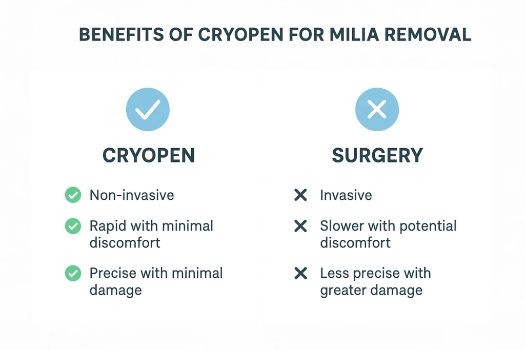 Benefits of cryopen for milia removal Leominster compared to surgical treatments.