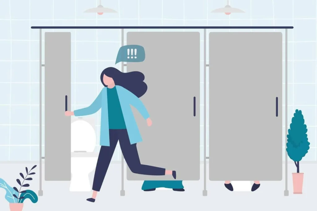 graphic of Urine incontinence Leominster woman running to the toilet.