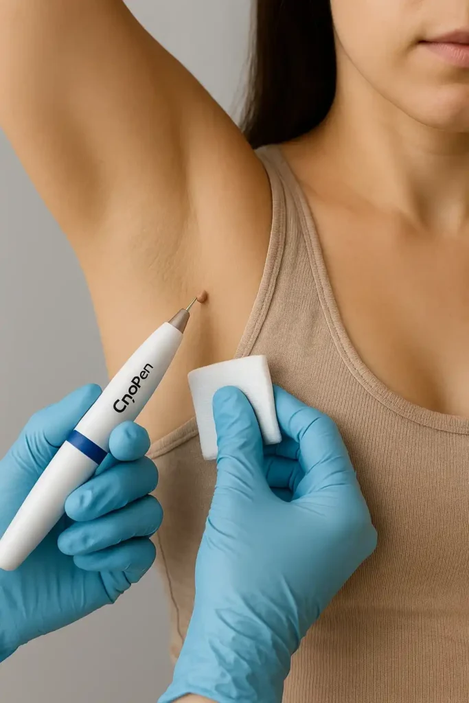 woman having cryopen to remove underarm skin tags Leominster