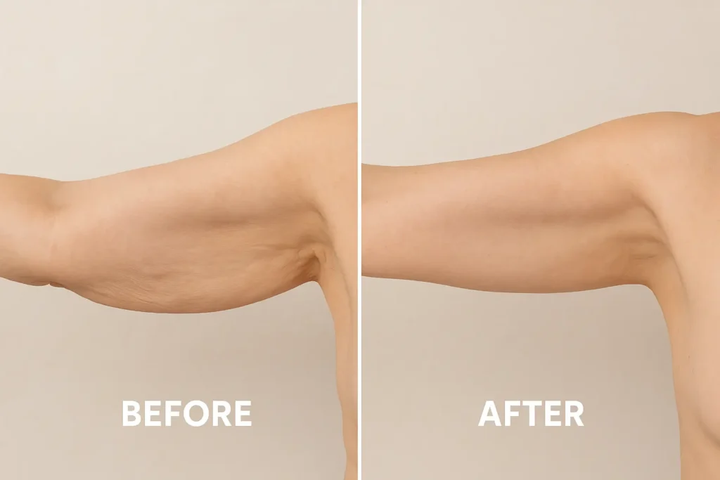 Picture of LA LIPO Leominster before and after results of skin tightening treatment on the upper arms.