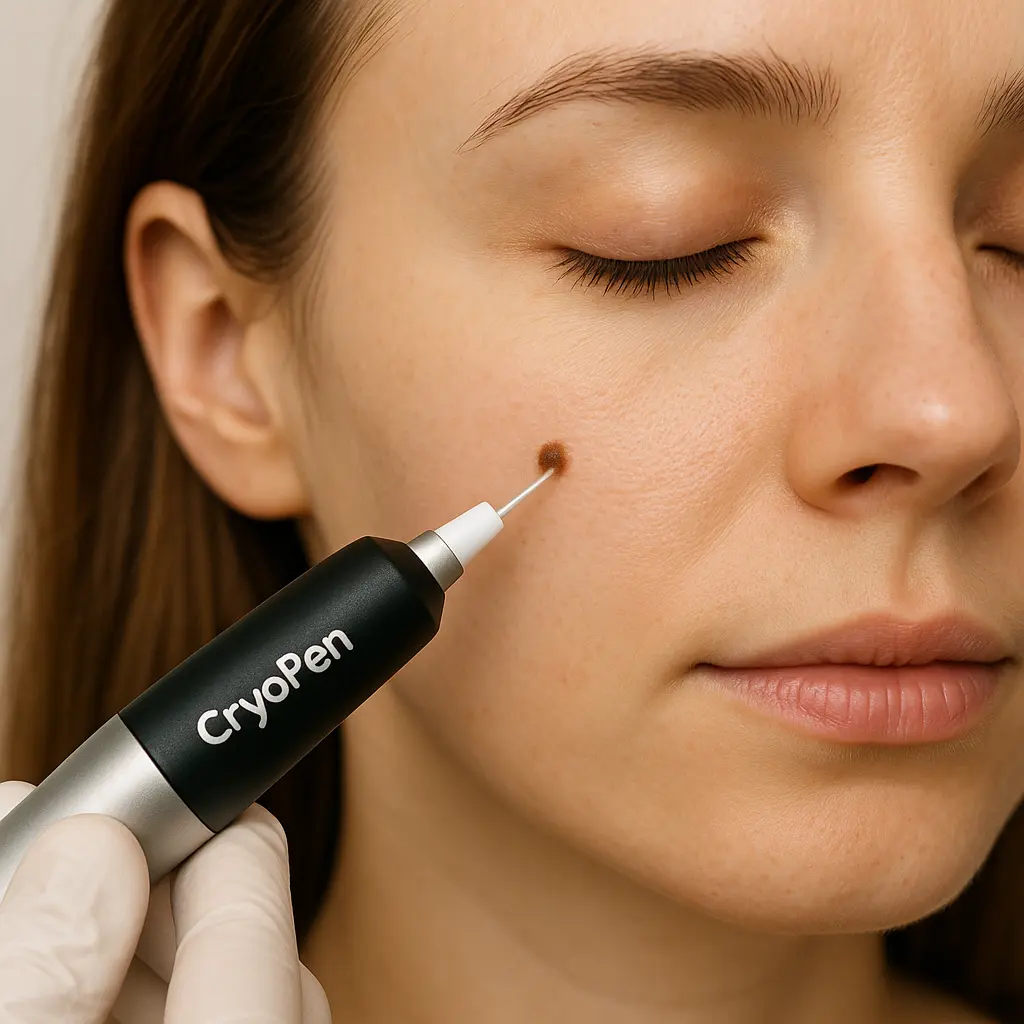 woman receiving facial mole removal Leominster using cryopen
