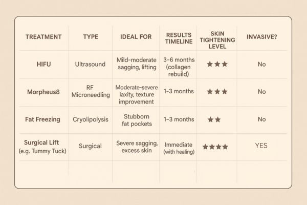 Table showing the comparisons of Skin tightening Leominster treatment options.